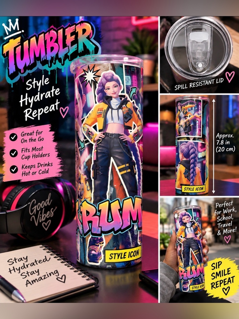 K-pop Stylish Purple Character Tumbler - Hydrate On-the-Go